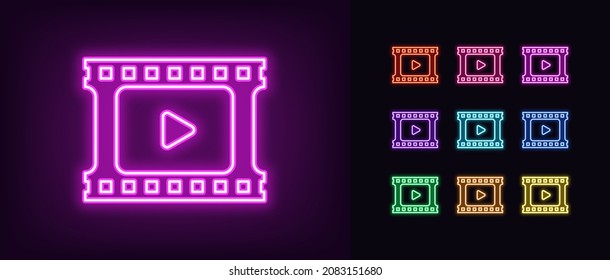 Outline neon film strip icon. Glowing neon movie strip sign, cinema frame pictogram in vivid colors. Cinema tape, video frame, cinematography, video clip and recording. Vector icon set, symbol for UI