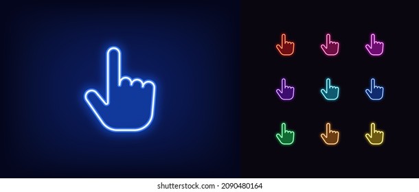 Outline neon finger cursor icon. Glowing neon cursor sign, hand pointer pictogram in vivid colors. Click link, tap here, computer hand cursor, web finger pointer. Vector icon set, symbol for UI