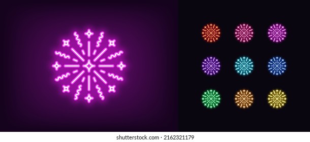 Outline neon firework icon. Glowing neon firework explosion silhouette, starburst pictogram. Festive firework burst, Diwali and New Year, carnival and lights festival, holiday event. Vector icon set