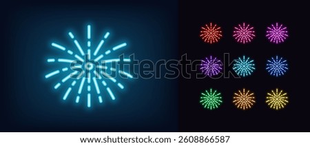 Outline neon firework icon set. Glowing neon firework explosion icon, festive salute. Firework burst with sparkles, pyrotechnics show, celebrate holiday event, flash light festival. Vector icons set