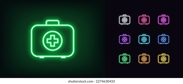 Outline neon first aid icon. Glowing neon first aid kit, medical box pictogram. Emergency assistance and rescue life, medical bag with drug and medicaments, home aid kit, health care. Vector icon set