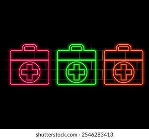 Outline neon first aid icon. Glowing neon first aid kit, medical box pictogram. Emergency assistance and rescue life, medical bag with drug and medicaments, home aid kit, health care. Vector icon set.