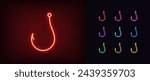 Outline neon fishhook icon set. Glowing neon hook sign, symbol of internet fraud and deceit. Cyber security, bait and trick, digital threat, data theft and fraud, web phishing, scam. Vector icon set