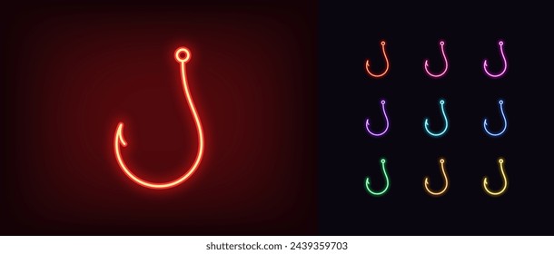 Outline neon fishhook icon set. Glowing neon hook sign, symbol of internet fraud and deceit. Cyber security, bait and trick, digital threat, data theft and fraud, web phishing, scam. Vector icon set