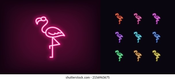 Outline neon flamingo icon. Glowing neon flamingo silhouette standing on one leg, exotic bird pictogram. Tropical paradise and summer, beauty and fondness, grace and elegance. Vector icon set for UI