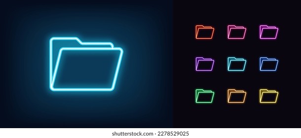 Outline neon folder icon. Glowing neon file folder sign, open data directory pictogram. Computer archive, project folder, work portfolio, file and document storage, data repository. Vector icon set