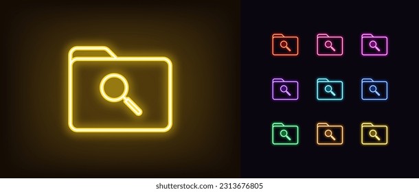 Outline neon folder search icon. Glowing neon file folder with magnifier tool, document search in data directory. Folder check, file storage analysis, find data and information review. Vector icon set