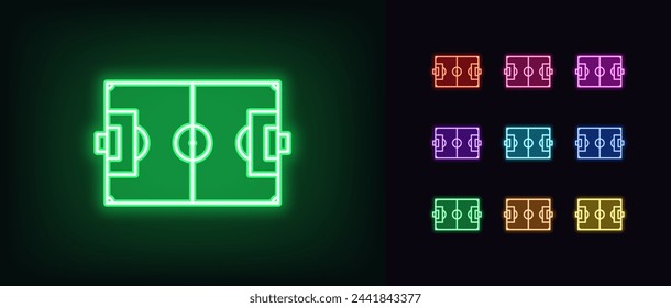 Outline neon football pitch icon set. Glowing neon soccer field scheme with line marking. Football stadium and soccer arena, sport court and playground, football game, training play yard. Vector icons