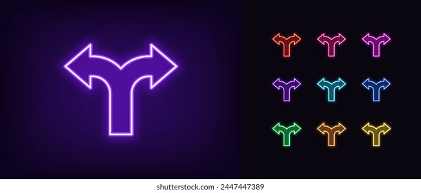 Outline neon fork arrow icon set. Glowing neon split arrow sign. Two way pointer, double road, forked arrow, split traffic direction, double pathway, two direction to move, crossroad. Vector icon set