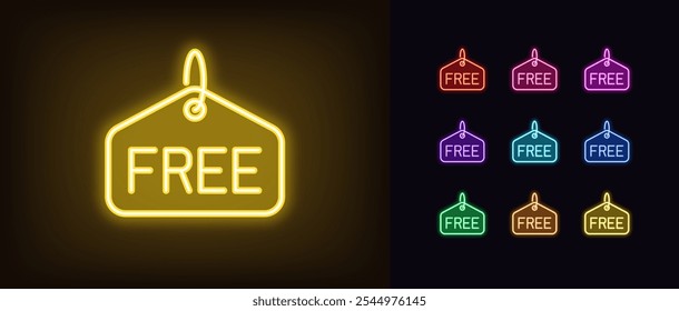 Outline neon free hangtag, icon set. Neon promo label with text Free, shopping advertisement. Free gift offer, bonus shopping, gratis prize, offer without payment, zero price cost. Vector icons