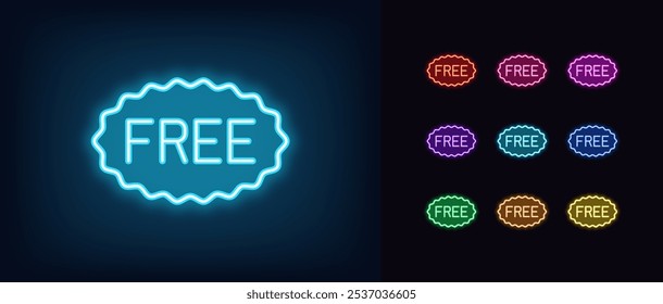 Esquema neón Etiqueta libre, conjunto de iconos de Vector. Etiqueta promocional ondulada de neón brillante con texto, anuncio de compras gratis. Oferta de regalo y bono gratis, premio gratis, oferta sin pago, costo cero y Precio.