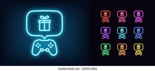 Icono de controlador de juego de neón de contorno. Gamepad de neón brillante y marco de aviso de burbuja con signo de caja de regalo, pictograma de regalo digital. Entrega de juegos y bono de premios, sorpresa para los jugadores. Conjunto de iconos del vector