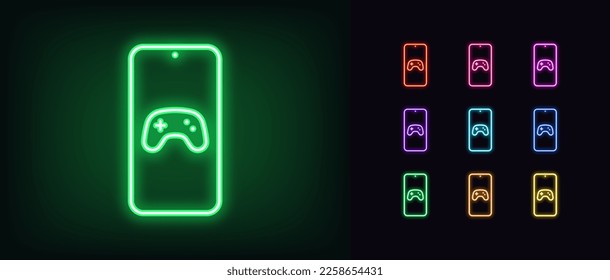 Icono del teléfono de juego de neón de contorno. Encendido marco de pantalla de neón para smartphone con signo de gamepad, pictograma de juego móvil. Controlador de juegos inalámbrico, aplicación de juegos para teléfono móvil. Conjunto de iconos del vector