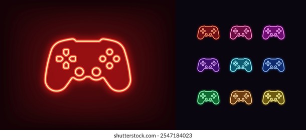 Gliedern Sie das neonfarbene Gamepad-Symbol. Leuchtender Neon-Funkjoystick für Arcade-Spiele, Videospielstationssteuerung. Drahtloses Gamepad, Computerspiele, Spielekonsole, Cybersport-Club, Spielzone. Vektorsymbole