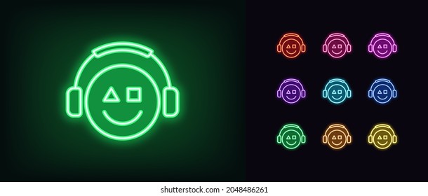 Outline Neon Gamer Icon. Glowing Neon Emoticon Gamer With Headphones, Esports Geek Logo. Gaming Emoji, Esports Emoticon, Arcade Console Video Games. Vector Icon Set, Sign, Symbol For UI