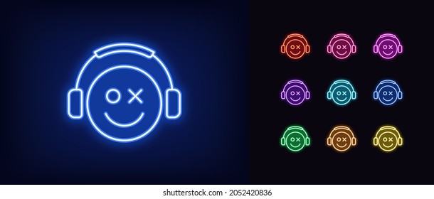 Outline neon gamer icon. Glowing neon emoticon gamer with headphones, esports geek logo. Gaming emoji, esports emoticon, arcade console video games. Vector icon set, sign, symbol for UI
