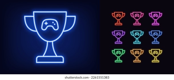 Outline neon gaming cup icon. Glowing neon award cup with gamepad sign, esports winner joystick. Cybersport reward, game achievement, champion trophy, victory triumph, prize award. Vector icon set