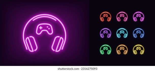 Outline neon gaming headphones icon. Glowing neon wifi headset with gamepad sign, wireless headphones for play games. Portable wifi earphones for esport gamers and game station. Vector icon set