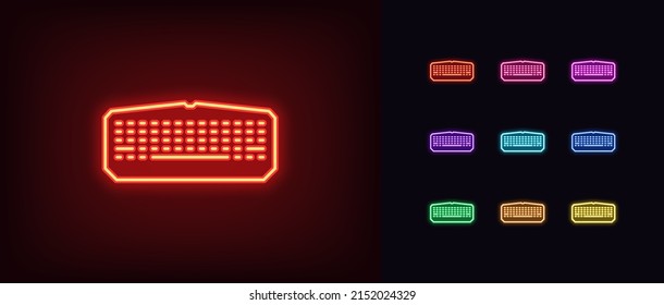 Outline neon gaming keyboard icon. Glowing neon wireless computer keyboard, game device pictogram. Cyber sport, pro gaming gadget with led light, giveaway for gamers, esports arena. Vector icon set