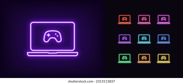 Esquema del icono del portátil para juegos de neón. Pantalla brillante de neón portátil con signo de gamepad, computadora de juego. Estación de juegos portátil con controlador de juegos inalámbrico, interfaz de juegos. Conjunto de iconos del vector