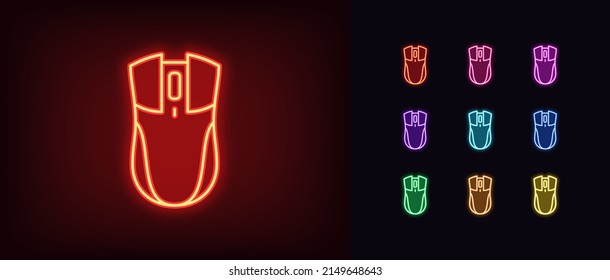 Outline neon gaming mouse icon. Glowing neon wireless computer mouse, game device pictogram. Cyber sport, pro gaming gadget with led light, giveaway for gamers, esports arena. Vector icon set for UI