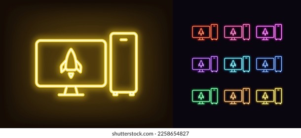 Outline neon gaming pc icon. Glowing neon system unit and monitor screen frame with rocket sign, computer capacity test pictogram. Accelerate system, high game performance. Vector icon set