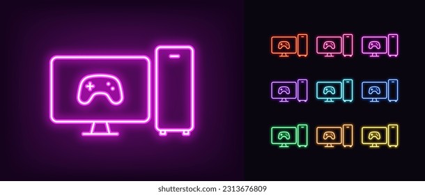 Outline neon gaming pc icon. Glowing neon system unit and monitor screen with game controller sign, computer with gamepad pictogram. Game PC system, high gaming performance and power. Vector icon set