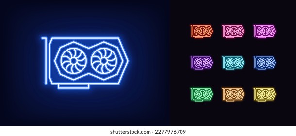 Outline neon gaming video card icon. Glowing neon graphics card with two cooler fans, GPU device pictogram. Graphics processor for PC, device for crypto mining, computer hardware. Vector icon set