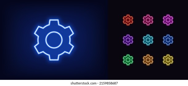 Icono del engranaje de neón de contorno. Silhouette de neón brillante, pictograma de rueda cognoscitiva. Proceso de fijación, servicio técnico y mantenimiento del sistema, motor y maquinaria, industria. Conjunto de iconos del vector para la interfaz de usuario