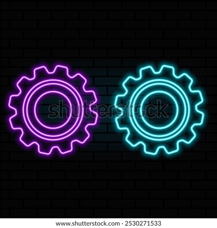 Outline neon gear icon. Glowing neon gearwheel silhouette, cogwheel pictogram. Setting process, technical service and system maintenance, engine and machinery, industry. Vector icon set for UI.5