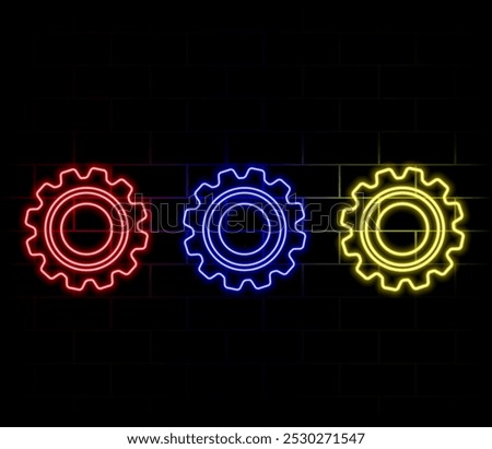 Outline neon gear icon. Glowing neon gearwheel silhouette, cogwheel pictogram. Setting process, technical service and system maintenance, engine and machinery, industry. Vector icon set for UI