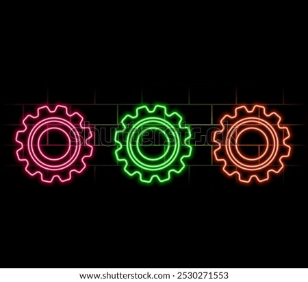 Outline neon gear icon. Glowing neon gearwheel silhouette, cogwheel pictogram. Setting process, technical service and system maintenance, engine and machinery, industry. Vector icon set for UI.2
