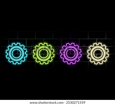 Outline neon gear icon. Glowing neon gearwheel silhouette, cogwheel pictogram. Setting process, technical service and system maintenance, engine and machinery, industry. Vector icon set for UI.3