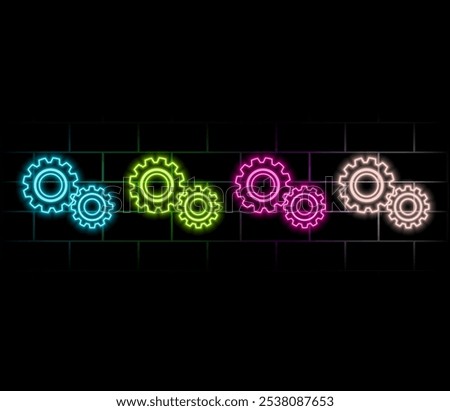 Outline neon gear icon. Glowing neon gearwheel silhouette, cogwheel pictogram. Setting process, technical service and system maintenance, engine and machinery, industry. Vector icon set for UI.