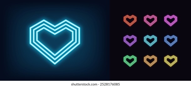 Outline neon geometric heart, icon set. Glowing neon angular heart with concentric outline silhouette. Digital love, romantic symbol, retro heart sign, geometric angular shape, amour. Vector icons