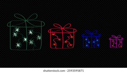 Outline neon gift box icon. Illuminated neon gift box frame with crown symbol, royal gift pictogram. Premium gift, luxury present, royal prize and giveaway, best surprise. Vector Icon Set.  PNG