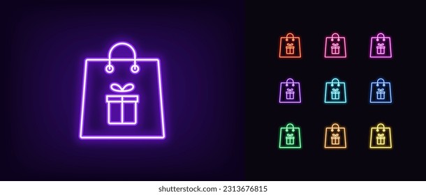 Outline neon gift shopping icon. Glowing neon shopping bag with gift box sign, customer present bonus. Surprise for shop buyer, additional gift and prize offer, present giveaway. Vector icon set