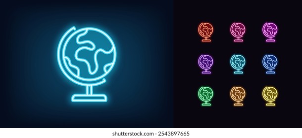 Outline neon globe icon set. Glowing neon earth globe icon, international world map. Abstract planet on stand, school globus, geographical expedition, worldwide travel, global geography. Vector icons