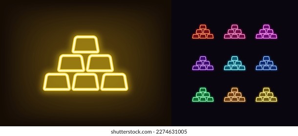 Outline neon golden bars icon. Glowing neon gold ingot sign, golden bullion stack and pyramid pictogram. Gold reserve, bank golden assets, precious metal market and trade, investment. Vector icon set