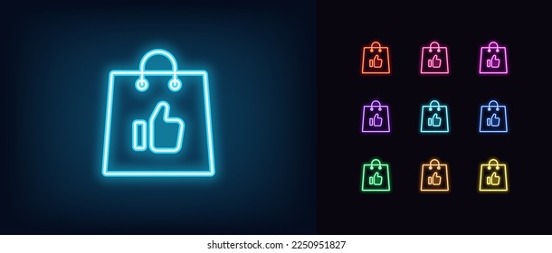 Contorna un icono neon bueno de la compra. Bolso de compras de neón brillante con el dedo pulgar arriba, mejor comprar y como pictograma. Evaluar la compra, la mano de aprobación, el buen servicio, los comentarios de la tienda en línea. Conjunto de iconos del vector