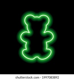 The outline of a neon green bear on a black background. Toy. Vector illustration