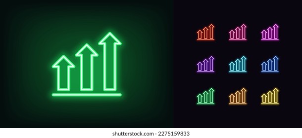 Outline neon growth arrow bars icon. Glowing neon upward chart trend sign, rise arrow bars. Financial forecast, rise in shares, growth level, increase profit, growing trend. Vector icon set svg