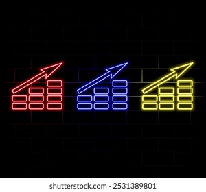 Outline neon growth arrow bars icon. Glowing neon upward chart trend sign, rise arrow bars. Financial forecast, rise in shares, growth level, increase profit, growing trend. Vector icon set.