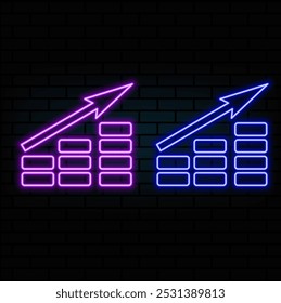 Outline neon growth arrow bars icon. Glowing neon upward chart trend sign, rise arrow bars. Financial forecast, rise in shares, growth level, increase profit, growing trend. Vector icon set.5.