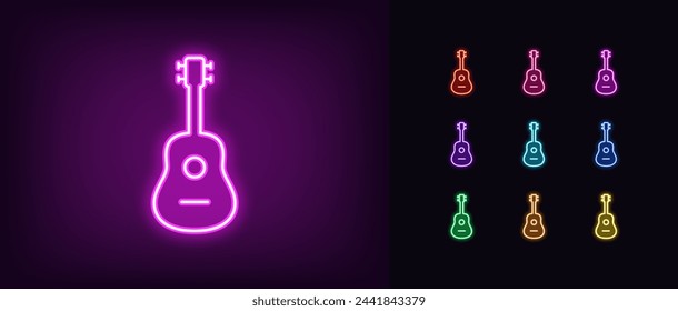 Outline neon guitar icon set. Glowing neon acoustic guitar sign and ukulele silhouette. Guitar live music and performance, guitar play party, musical festival, acoustic music instrument. Vector icons