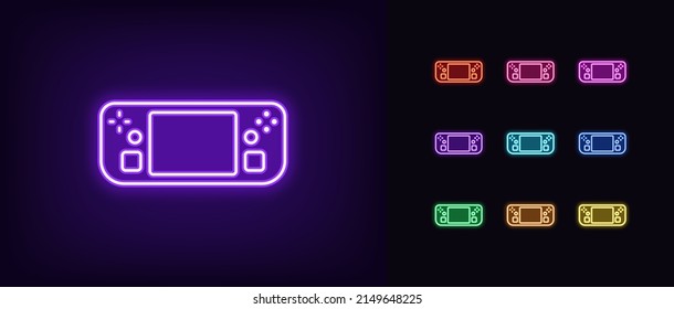 Outline neon handheld game console icon. Glowing neon portable gaming deck device, gadget pictogram. Handheld gamepad with screen, thumbsticks and trackpads. Vector icon set, symbol for UI