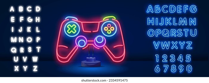 Outline neon handheld game console icon. Glowing neon portable gaming deck device, gadget pictogram. Handheld gamepad with screen, thumbsticks and trackpads. Vector icon set, symbol for UI