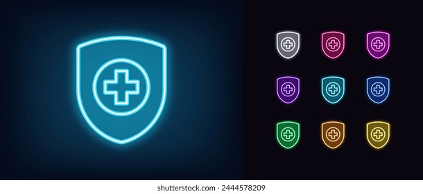 Outline neon healthcare shield icon set. Glowing neon protection shield with medical cross. Secure medicine insurance, safe medical service and health aid, checked drugs and medicaments. Vector icons