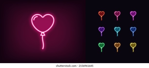 Outline neon heart balloon icon. Glowing neon balloon silhouette in heart shape, love pictogram. Anniversary and date, birthday and party, love and romance. Vector icon set for UI