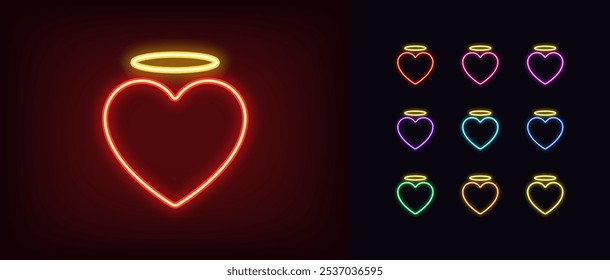 Contornar o conjunto de ícones de amor sagrado neon. Coração de anjo de néon brilhante com halo dourado, amor sagrado nimbo. Coração de santo, amor de anjo, amor de paraíso e paixão, coração romântico, alma de compaixão, doação. Vetor